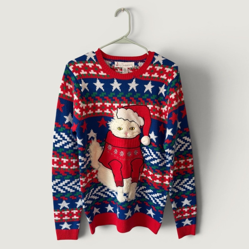 Jolly Sweaters Christmas Cat Santa Hat Fair Isle Knit Pullover Blue Red Small